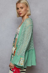 POL Lace Ruffled Hem Open Front Cardigan - kinko