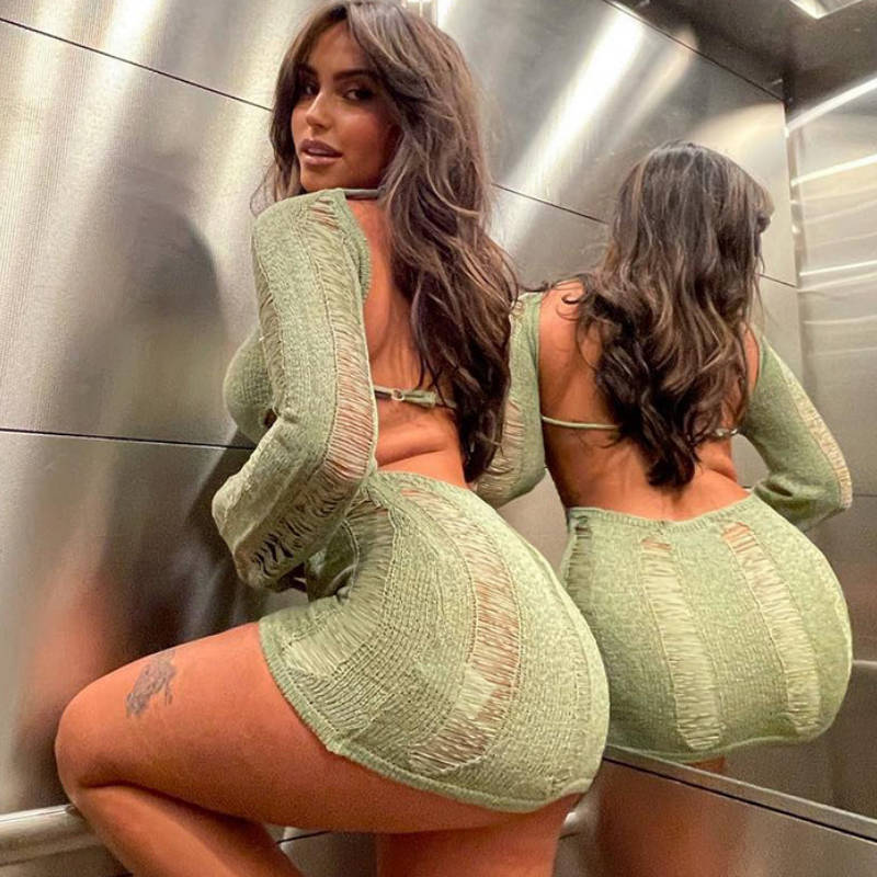 Fashion Slim Fit Hollow Long Sleeve Dress Y2K Sexy Backless Hip-hugging Short Dresses Womens Clothing - kinko