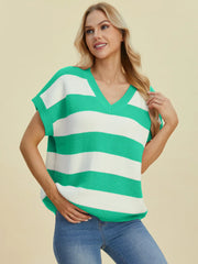 Double Take Full Size Striped V-Neck Short Sleeve Sweater - kinko