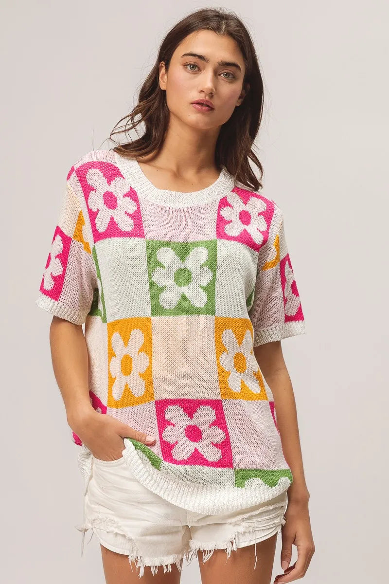 BiBi Flower Checker Pattern Lightweight Sweater Top - kinko