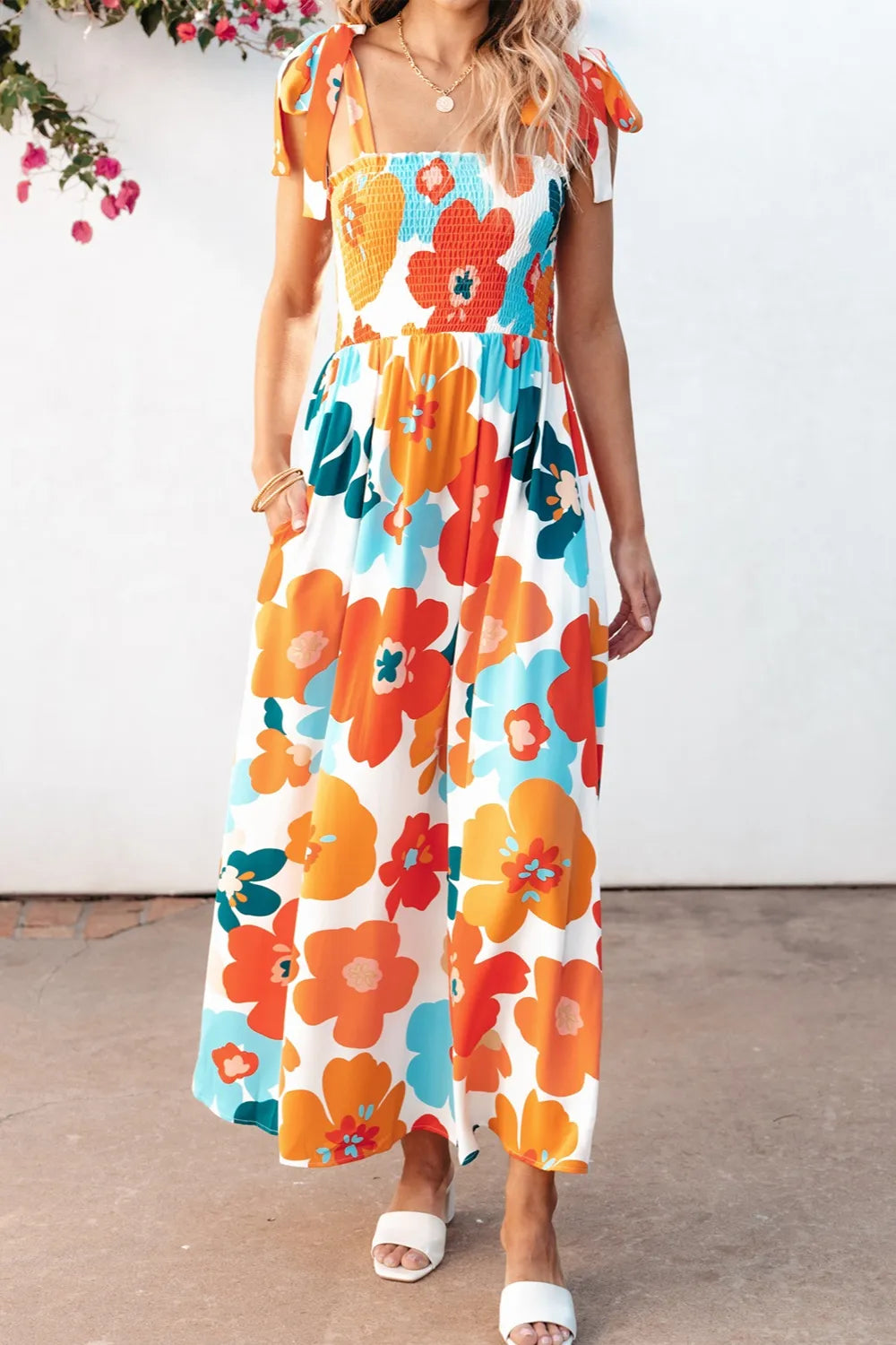 Smocked Printed Square Neck Dress - kinko