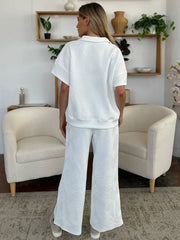 Double Take Full Size Texture Half Zip Short Sleeve Top and Pants Set - kinko