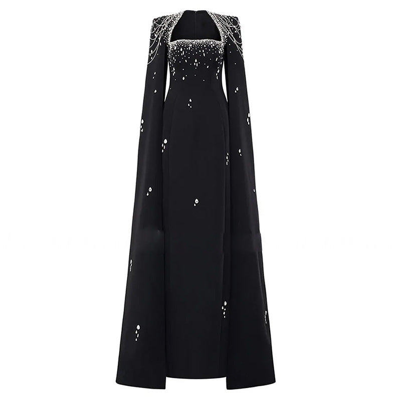 Beaded Lanyard Shawl Sleeve And Floor Long Dress - kinko