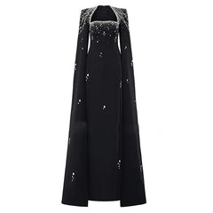 Beaded Lanyard Shawl Sleeve And Floor Long Dress - kinko