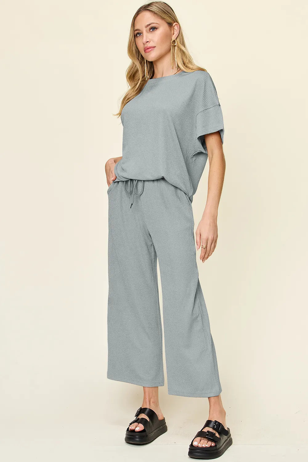 Double Take Full Size Texture Round Neck Short Sleeve T-Shirt and Wide Leg Pants - kinko