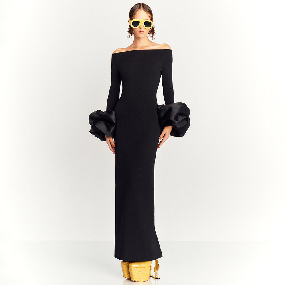 Dress Red And Black Slim-fit Long Sleeve French Lantern Sleeve Dress - kinko