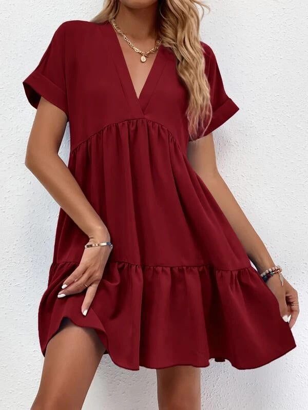 New Short-sleeved V-neck Dress Summer Casual Sweet Ruffled Dresses Solid Color Holiday Beach Dress For Womens Clothing - kinko