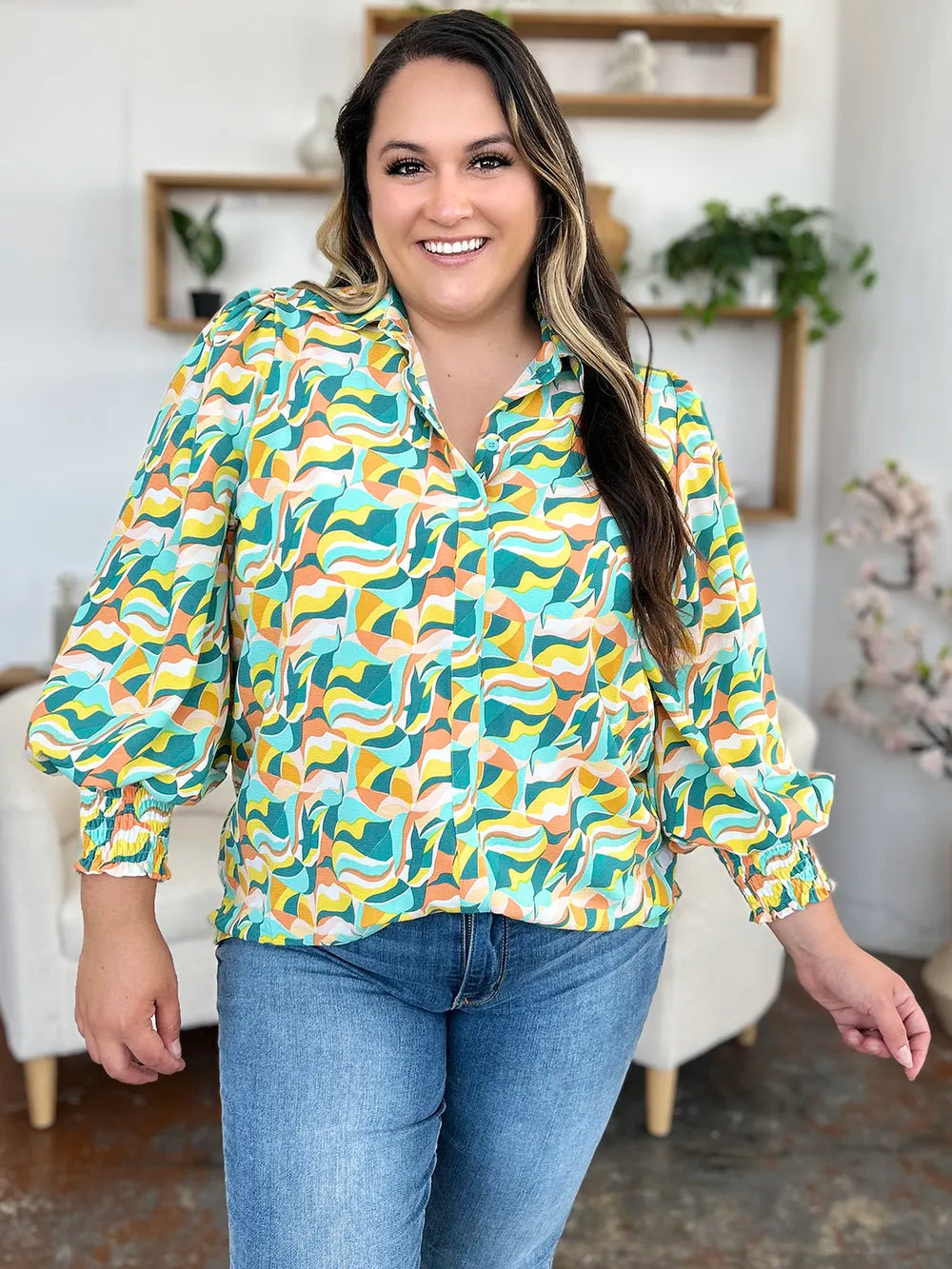 Double Take Full Size Printed Smocked Long Sleeve Blouse - kinko