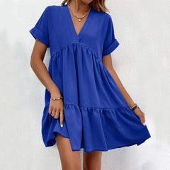 New Short-sleeved V-neck Dress Summer Casual Sweet Ruffled Dresses Solid Color Holiday Beach Dress For Womens Clothing - kinko