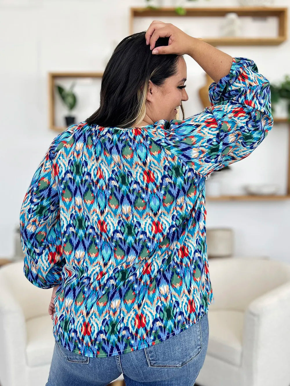 Double Take Full Size Printed Balloon Sleeve Blouse - kinko