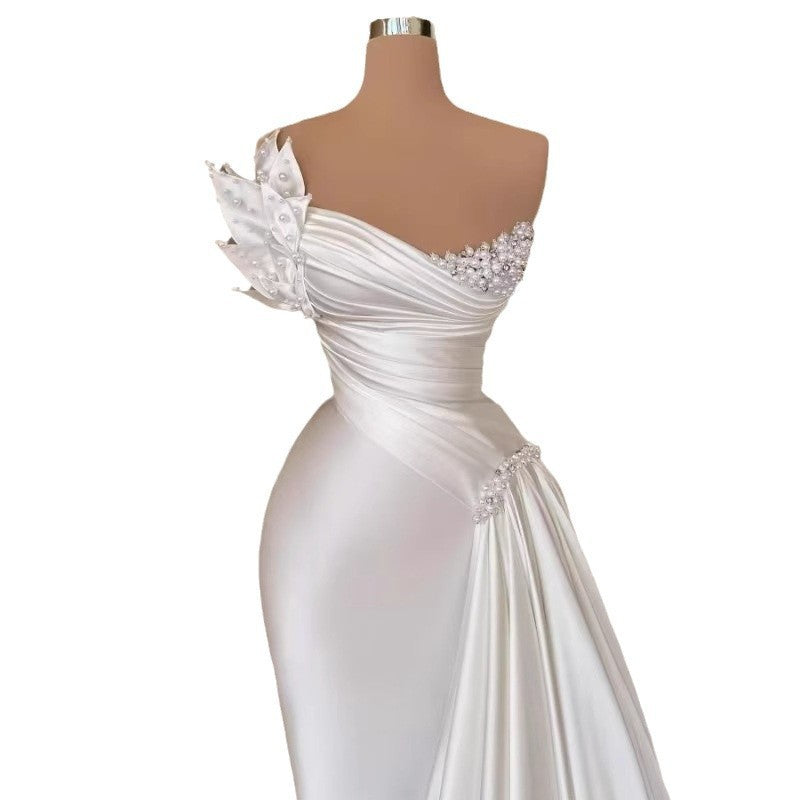 White Graceful Satin Simple Lightweight Wedding Dress Long Dress - kinko