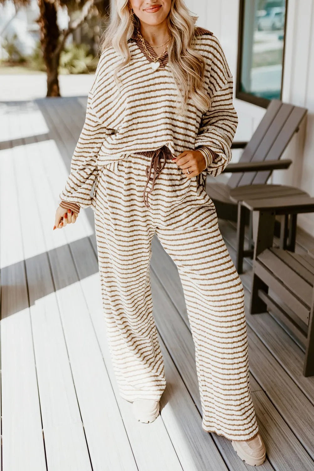 Khaki Stripe Collared Pullover Top And Drawstring Pant Set - kinko