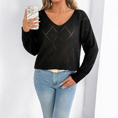 Solid Color And V-neck Sexy Cutout Plaid Long-sleeved Sweater Sweater - kinko