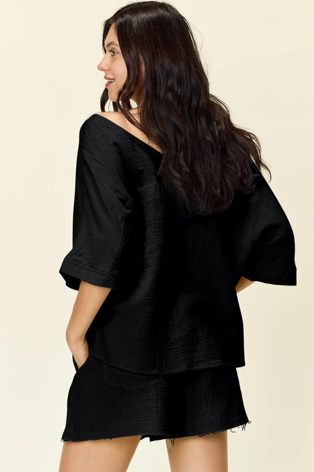 Double Take Texture Half Sleeve T-Shirt and Drawstring Shorts Set - kinko