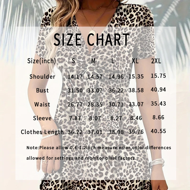 Women's Vibrant Leopard Print Twist Front V Neck Casual Summer Short Sleeve Bodycon Mini Dresses - kinko