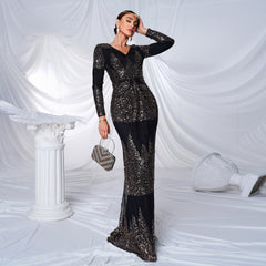 Long Sleeve V-neck Sexy Slim-fit Long Sequined Banquet Evening Dress - kinko