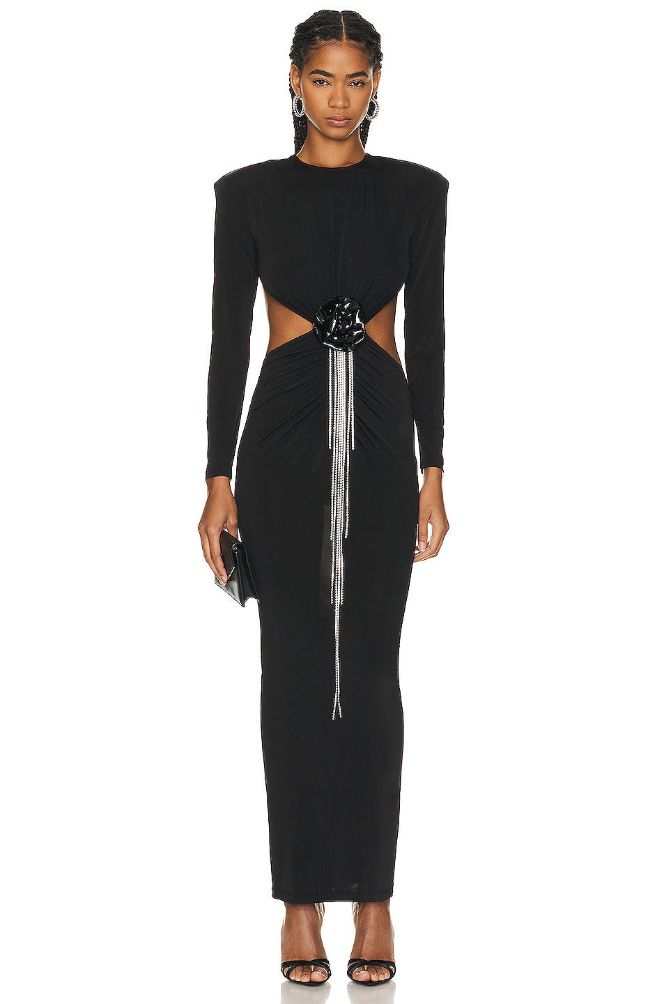 Sexy Backless Black Long Sleeve Hollow Flower Tassel Decoration Dress - kinko