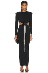 Sexy Backless Black Long Sleeve Hollow Flower Tassel Decoration Dress - kinko