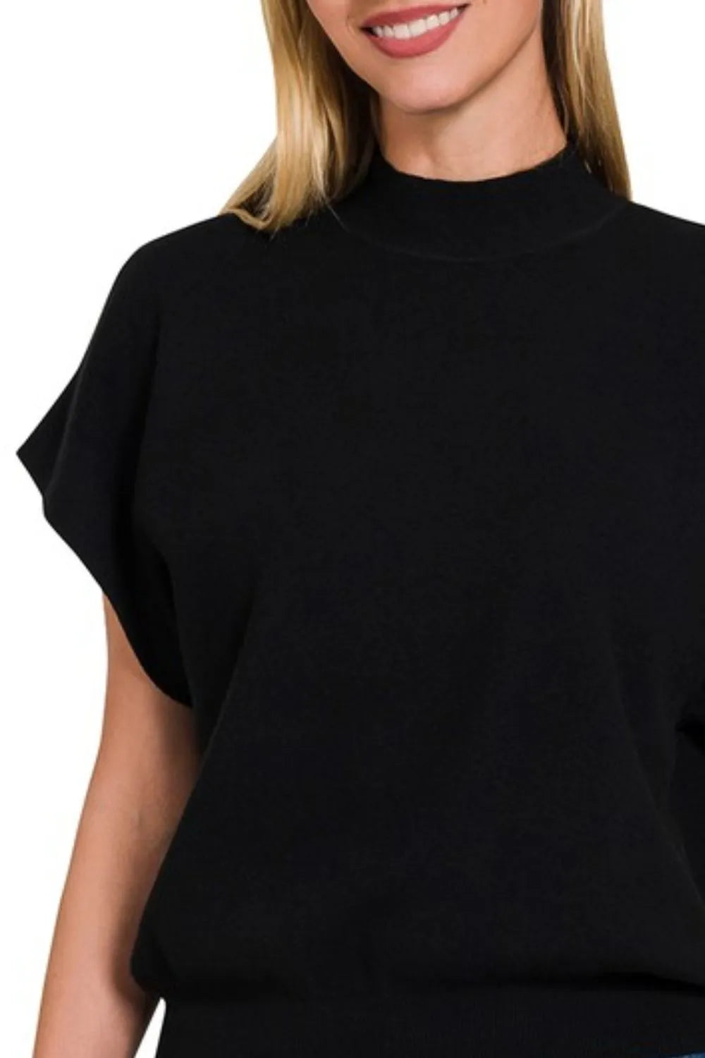 Zenana Mock Neck Short Dolman Sleeve Sweater - kinko
