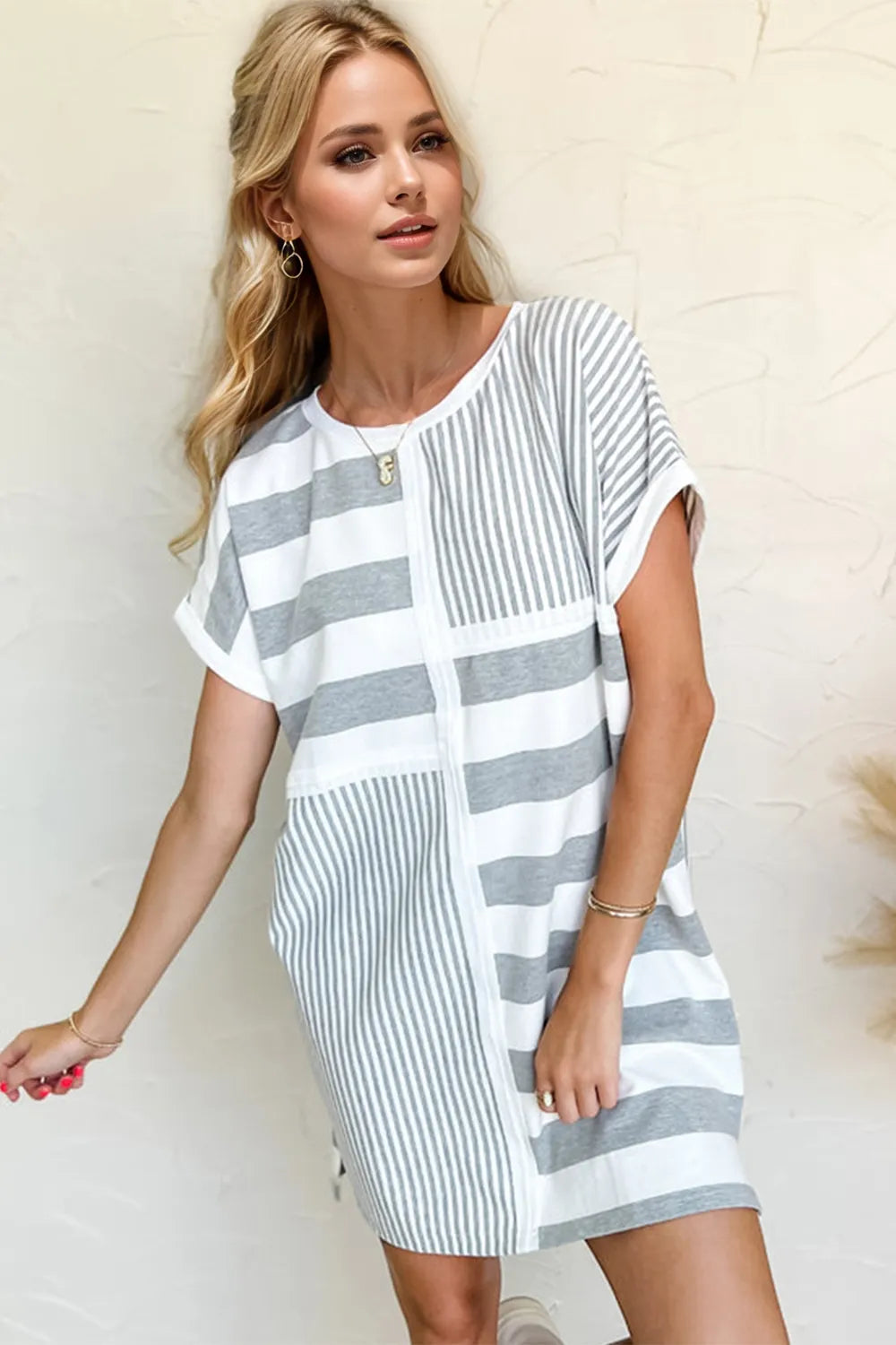 Oh Full Size Striped Round Neck Short Sleeve Mini Tee Dress - kinko
