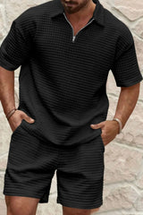 Men's Full Size Zip Collar Short Sleeve Top and Shorts Set Plus Size - kinko