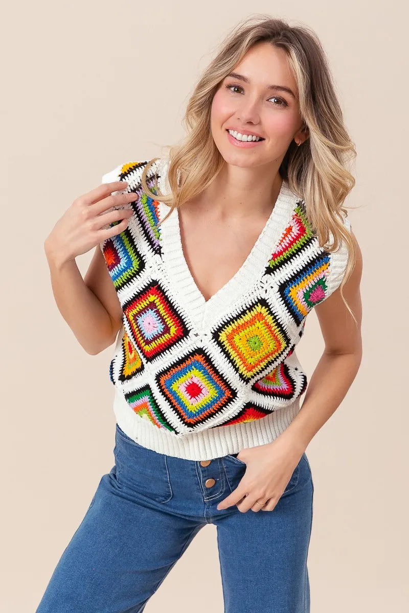 BiBi Diamond Granny Square Sweater Vest - kinko