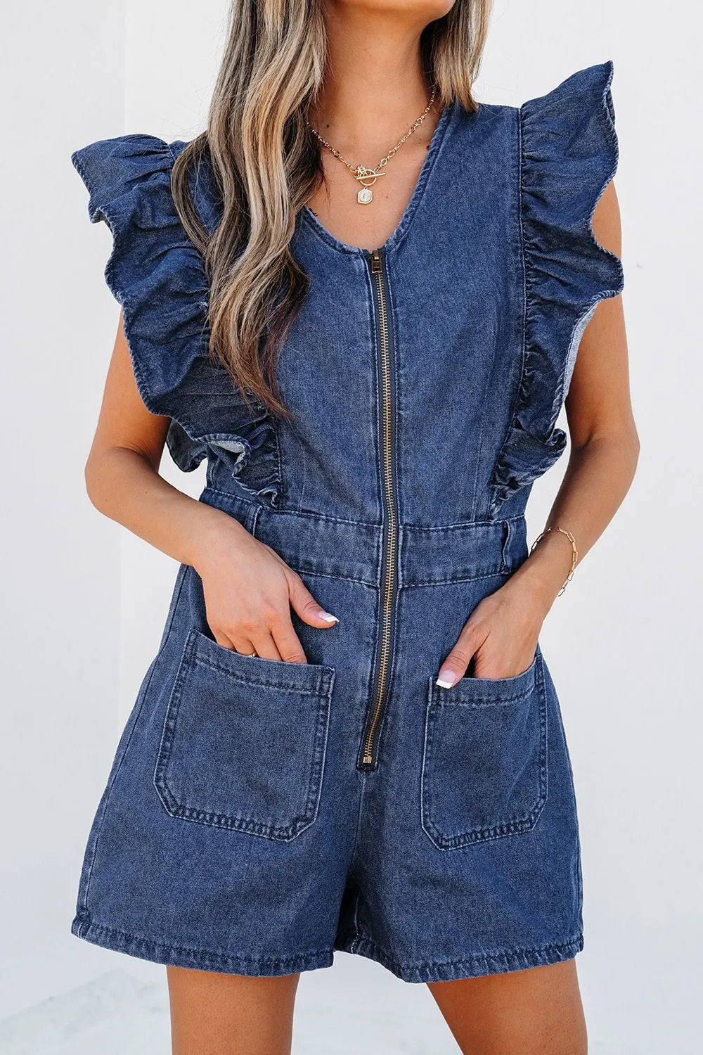 Denim Ruffled Zipped Front Belted Romper - kinko