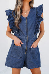 Denim Ruffled Zipped Front Belted Romper - kinko