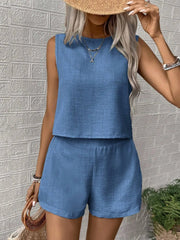 Round Neck Sleeveless Top and Shorts Set - kinko