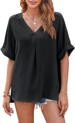 Spring And Summer Solid Color Short Sleeve Loose Blouse - kinko