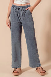 SO ME Mid Rise Drawstring Jeans with Side Snap Button - kinko