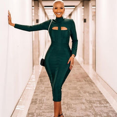 Dark Green Stand Collar Long Sleeve Slim Fit Bandage Dress - kinko