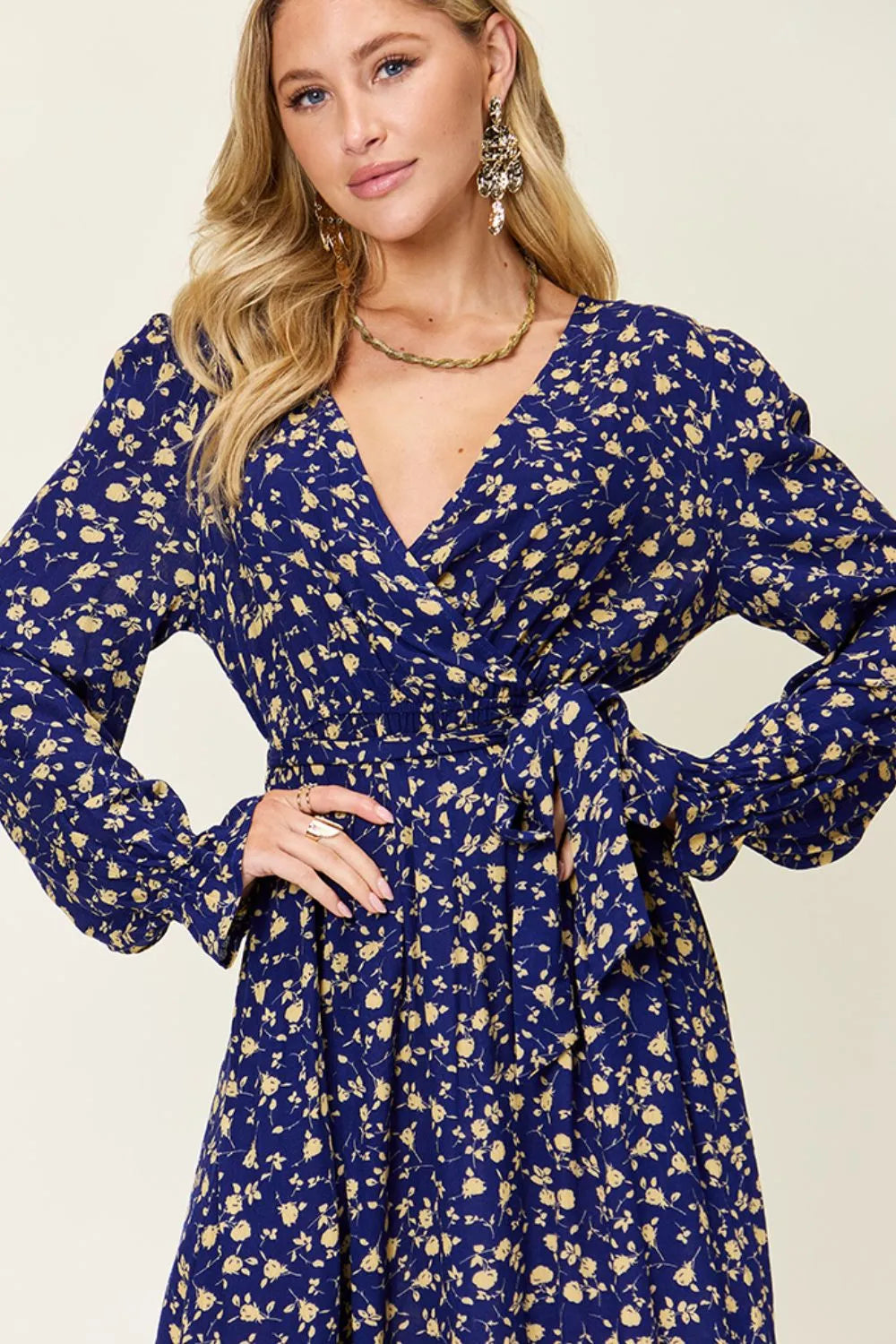 Double Take Full Size Tie Back Flounce Sleeve Dress - kinko