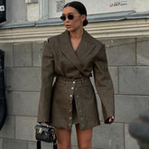 Vintage PU Leather Hollow Out Long Sleeve Top Skirt Suit - kinko