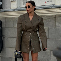 Vintage PU Leather Hollow Out Long Sleeve Top Skirt Suit - kinko