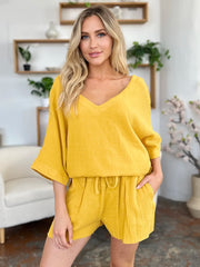 Double Take Texture Half Sleeve T-Shirt and Drawstring Shorts Set - kinko