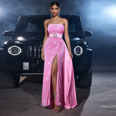 Velvet Sequined Cinched Waist Slim-fit Tube Top Banquet Dress - kinko