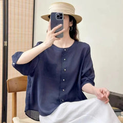 All-matching Western Style Cotton And Linen Short Sleeve Shirt - kinko