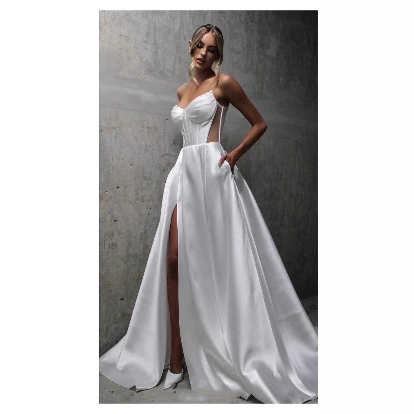 White Satin Slit Pocket Bandage Wedding Dress - kinko