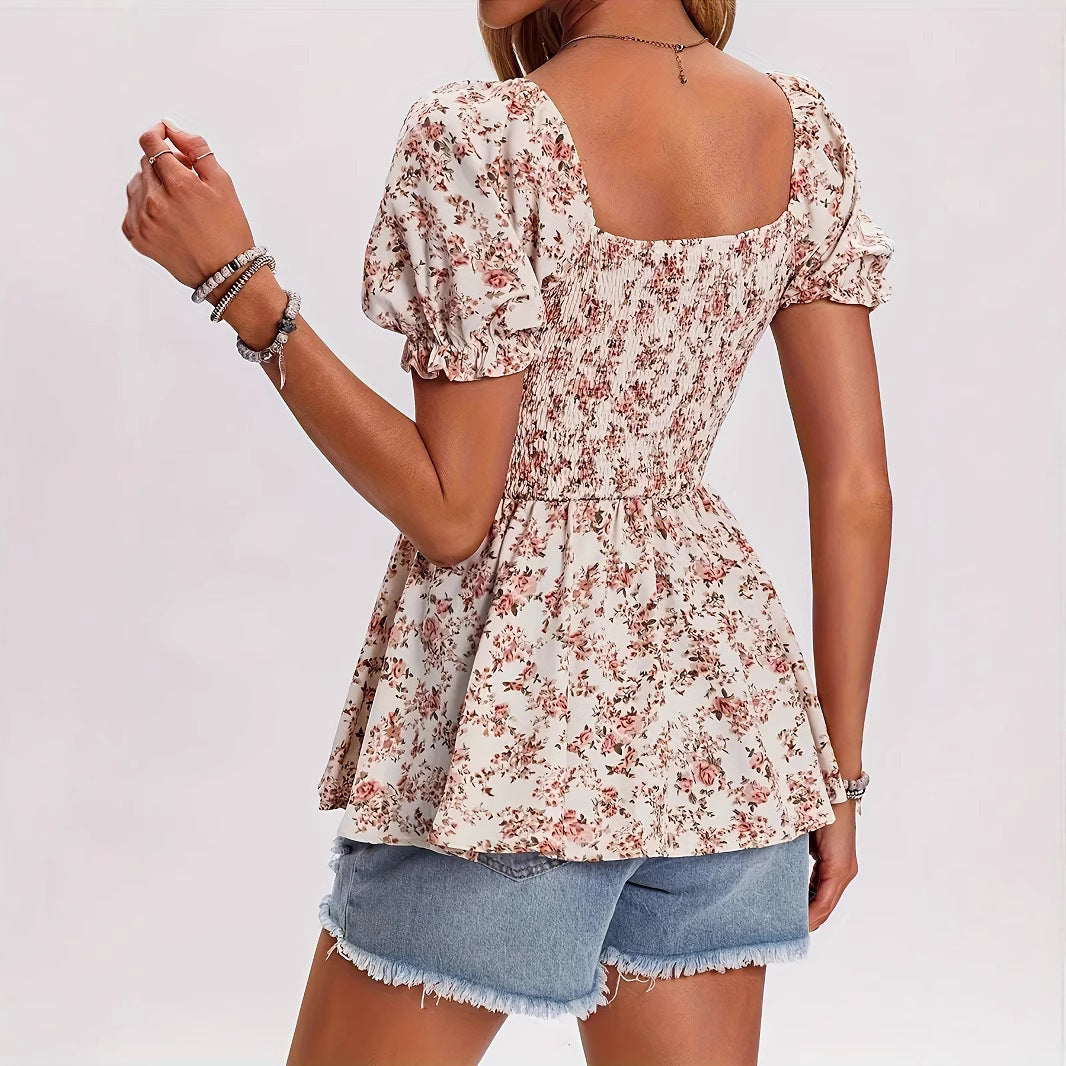 Square Collar Smocking Ruffle Sleeve Floral Vacation Top - kinko