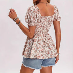 Square Collar Smocking Ruffle Sleeve Floral Vacation Top - kinko