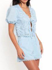 Lace Detail V-Neck Top and Shorts Set - kinko