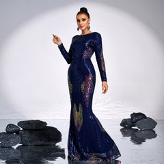 Long Sleeve Temperament Crew Neck Sexy Long Sequined Banquet Evening Dress - kinko