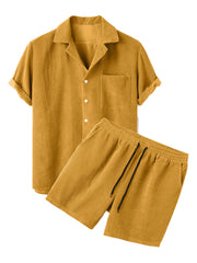 Men's Full Size Classic Textured Top and Shorts Set Plus Size - kinko