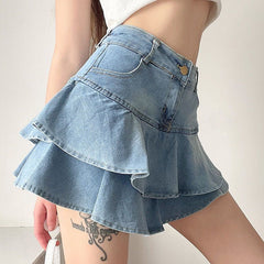 Women's Double-layer Ruffled Denim Skirt Retro Easy Matching High Waist Slimming - kinko