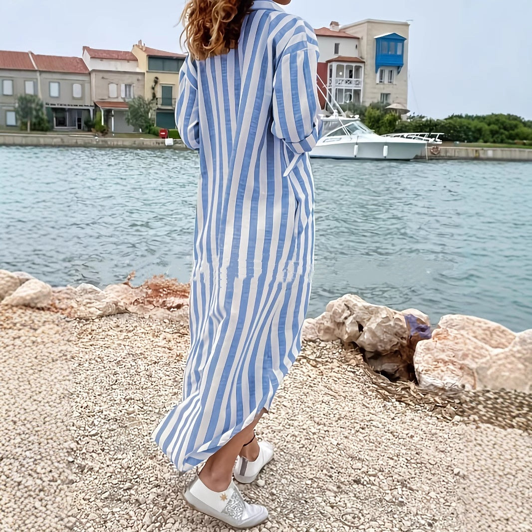 Cotton And Linen Breathable Casual Loose Striped Women's Short-sleeved Shirt - kinko