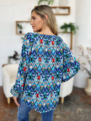 Double Take Full Size Printed Balloon Sleeve Blouse - kinko