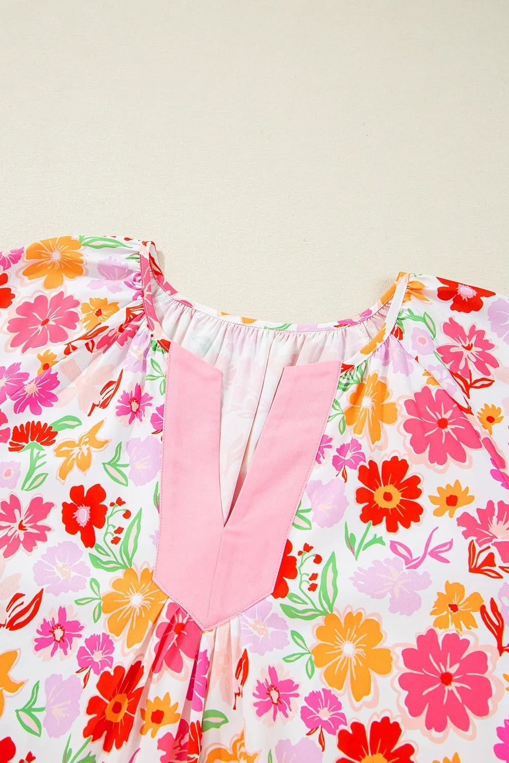 White Floral Split V Neck Wide Short Sleeve Plus Size Blouse Top - kinko