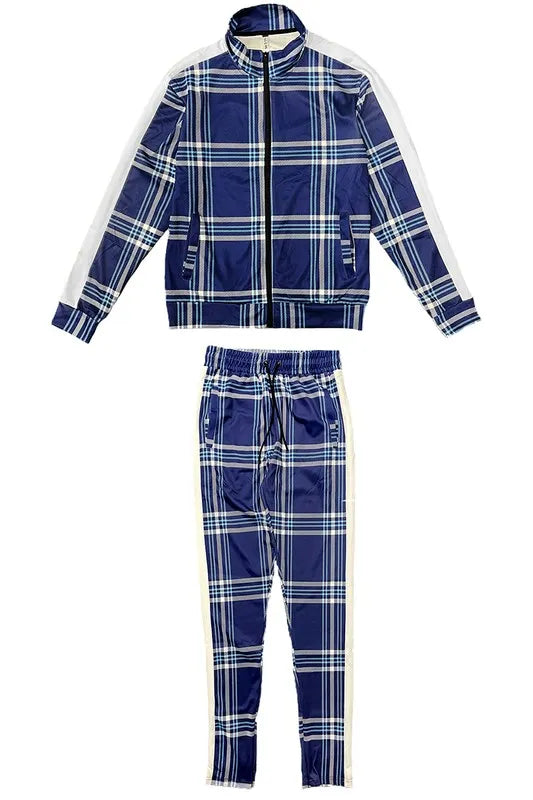 WEIV Men's Full Size Plaid Checkered Zip Up Track Jacket and Pants Set Plus Size - kinko