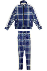 WEIV Men's Full Size Plaid Checkered Zip Up Track Jacket and Pants Set Plus Size - kinko